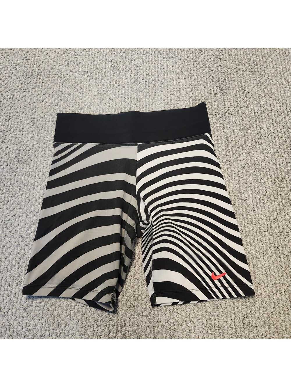 Nike Black and White Striped Athletic Shorts with Red Swoosh Logo Size Large